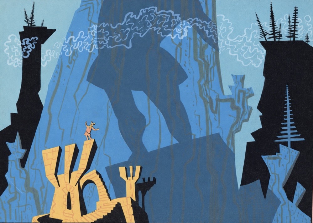 Maurice Noble inspirational art for What’s Opera, Doc? Elmer Fudd stands on a yellow structure, dwarfed by his own shadow.