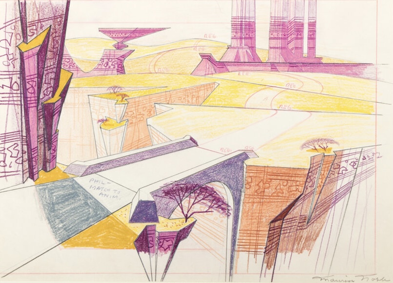 A colorful pencil and ink concept drawing of a futuristic desert landscape with geometric structures, a bridge, and a winding road, signed by Maurice Noble.