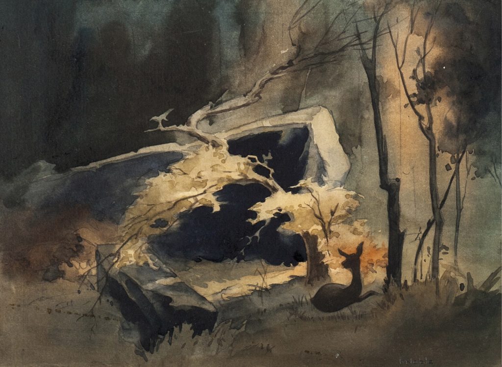 Watercolor painting of a deer resting near a large rock formation and bare trees in a dimly lit forest.