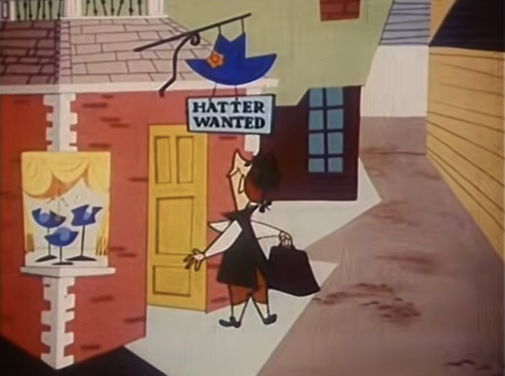 A cartoon man with a suitcase approaches a shop with a sign that reads Hatter Wanted.