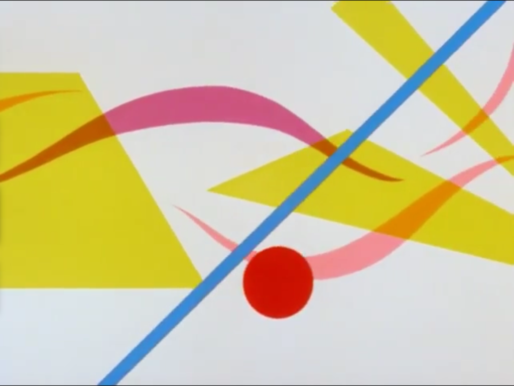 Abstract composition featuring yellow triangles, a diagonal blue line, a solid red circle, and flowing pink and orange ribbons on a white background.