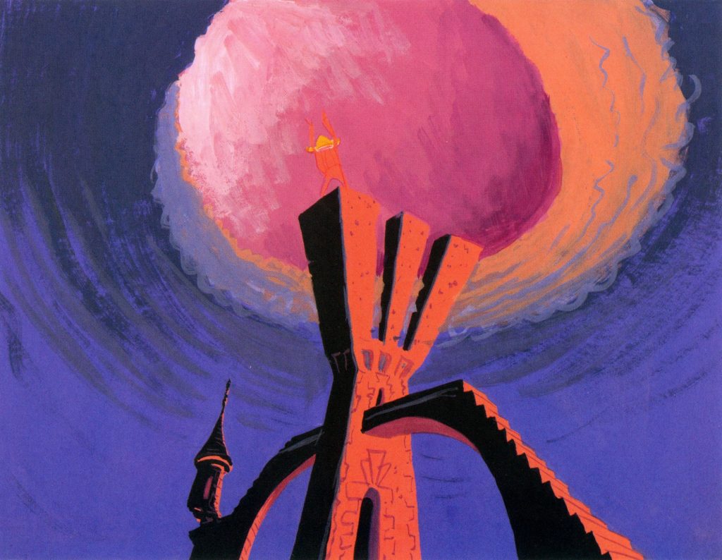 A small figure (Elmer Fudd) stands atop a tall, stylized stone tower silhouetted against a giant pink sun.