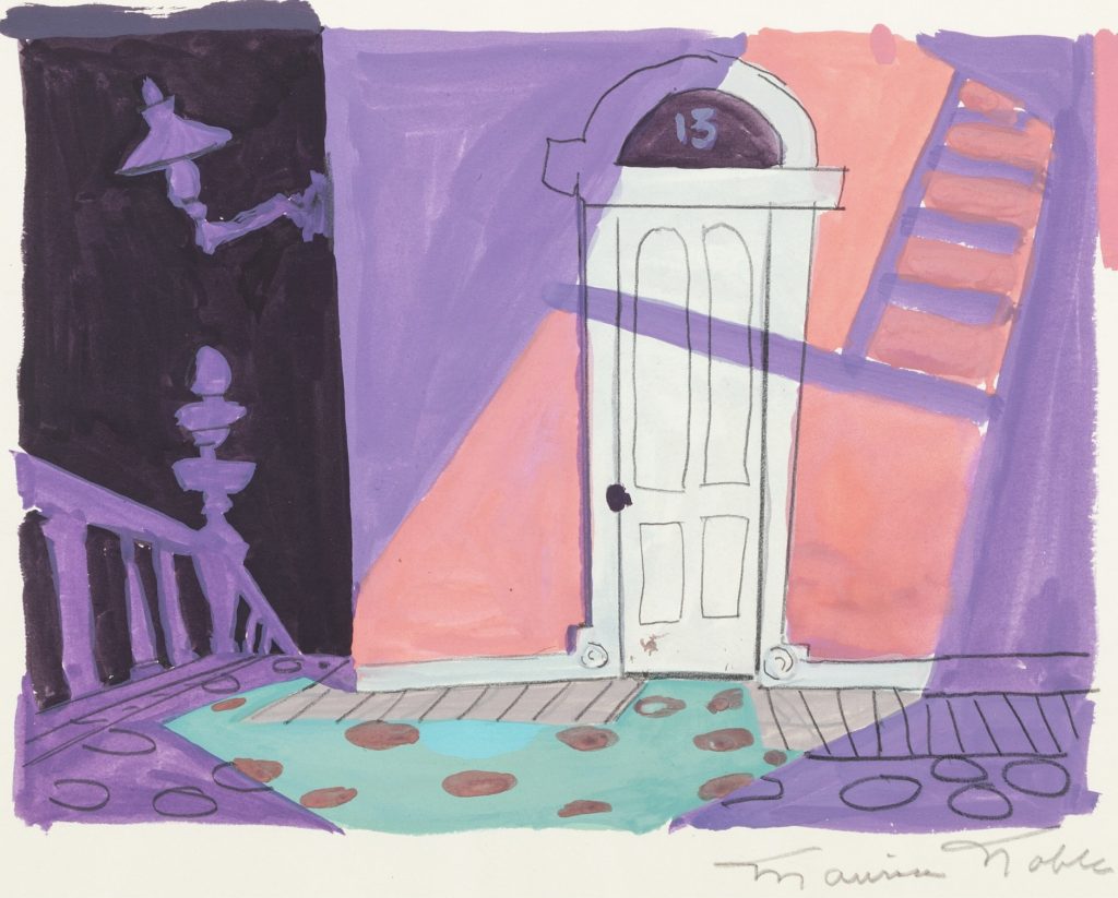 A stylized painting of a white front door labeled 13, set against walls of purple and pink with a lamp, a ladder, and a staircase railing.
