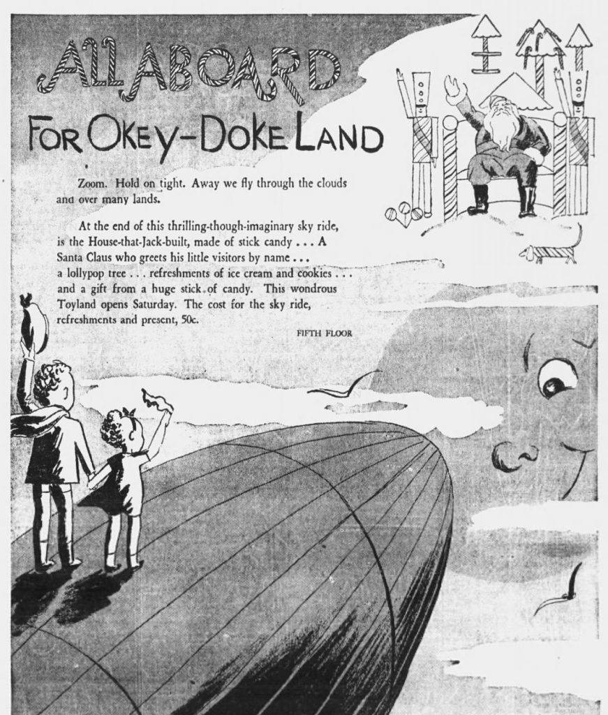 Vintage newspaper advertisement for Okey-Doke Land on Robinson’s fifth floor, featuring an illustration of two children in a dirigible waving at a personified moon, with text describing a Santa Claus visit and holiday treats.