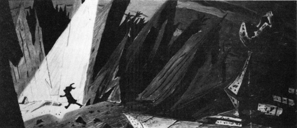 A silhouette of Elmer Fudd running into a beam of light within a dark, jagged mountain pass.